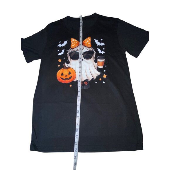 Halloween Ghost Graphic Black T-Shirt Small Pumpkin & Coffee Cup Design - Picture 4 of 5